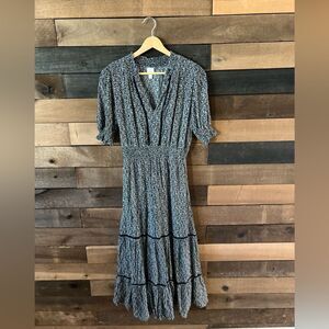 Roan + Ryan Black White Floral Smocked Maxi Dress Boho Cottagecore S